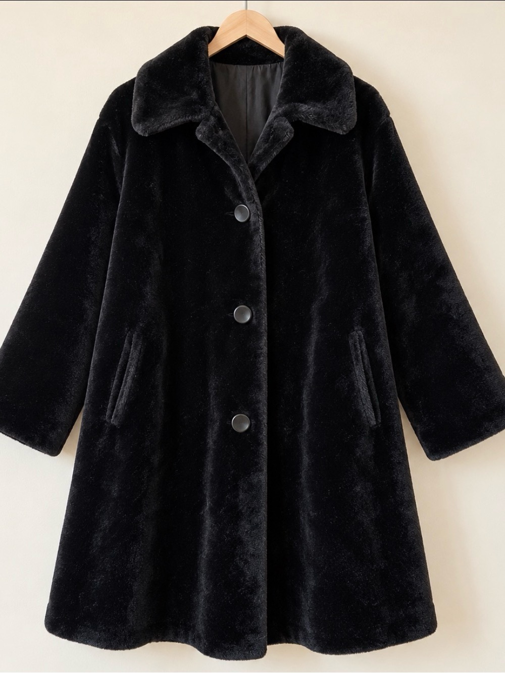 Black Faux Fur Coat - Women's Plush Button-Up Jacket